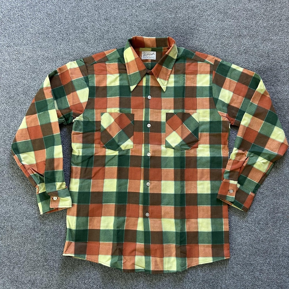 Vintage Bellcraft Shirt Mens Medium Plaid Orange Green Brown Permanent Press 70s